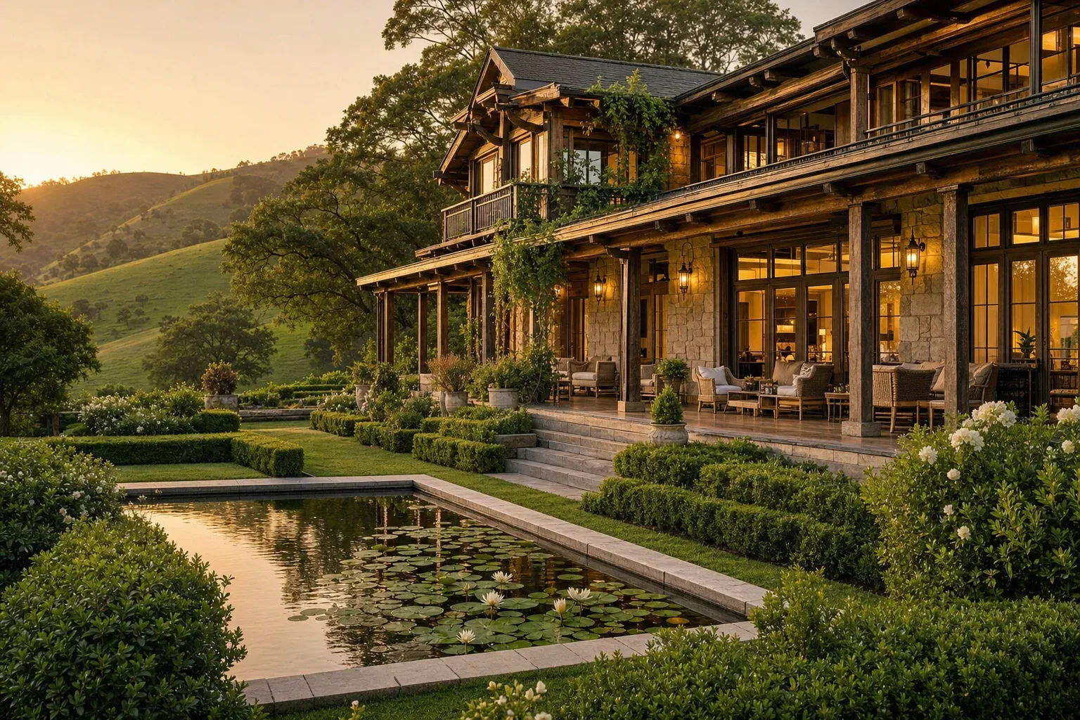 An elegant timber-and-stone boutique lodge with warm-lit windows and wrap-around verandas, beside a lily pond and gentle green hills at golden hour