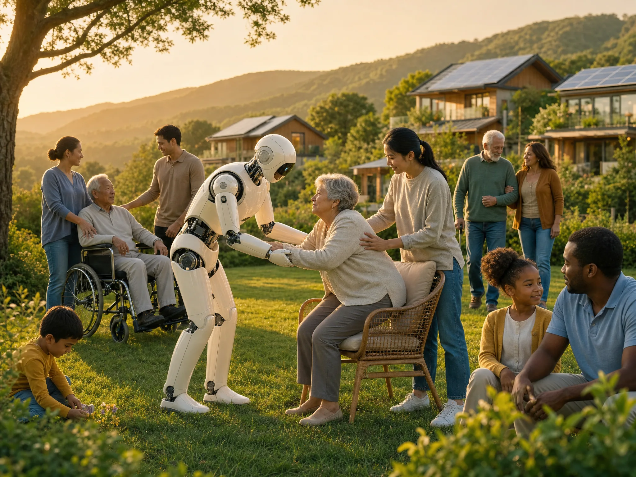 A warm multicultural scene of caregivers with elderly people and children on a green lawn, a gentle premium humanoid robot helping an elder at golden hour