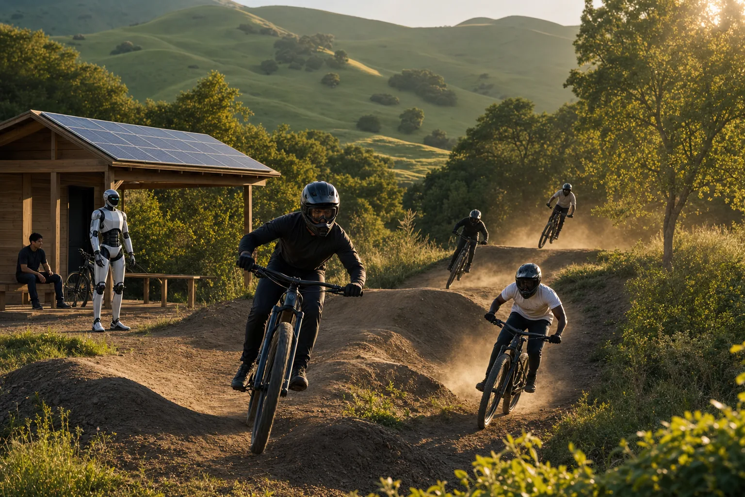 Diverse riders on electric mountain bikes on a flowing dirt pump-track through green rolling hills, with a low solar trailhead hut and a humanoid marshal at golden hour