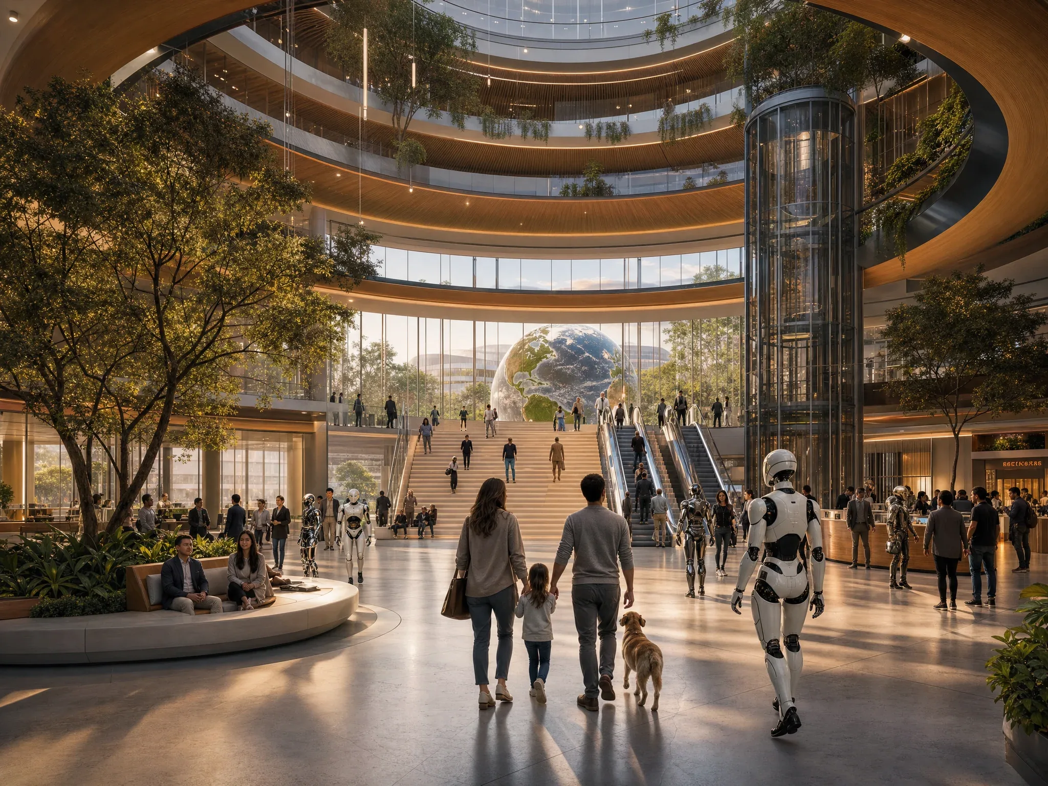 Ground-level view looking into the wide grand foyer of the ring headquarters: a soaring, light-filled atrium lobby with taller-than-office ceilings, greenery and warm timber, where diverse people, families and premium humanoids arrive up from the below-ground levels by an elegant staircase, escalator and glass lift, with the glowing central Earth globe glimpsed through the far glass wall at golden hour