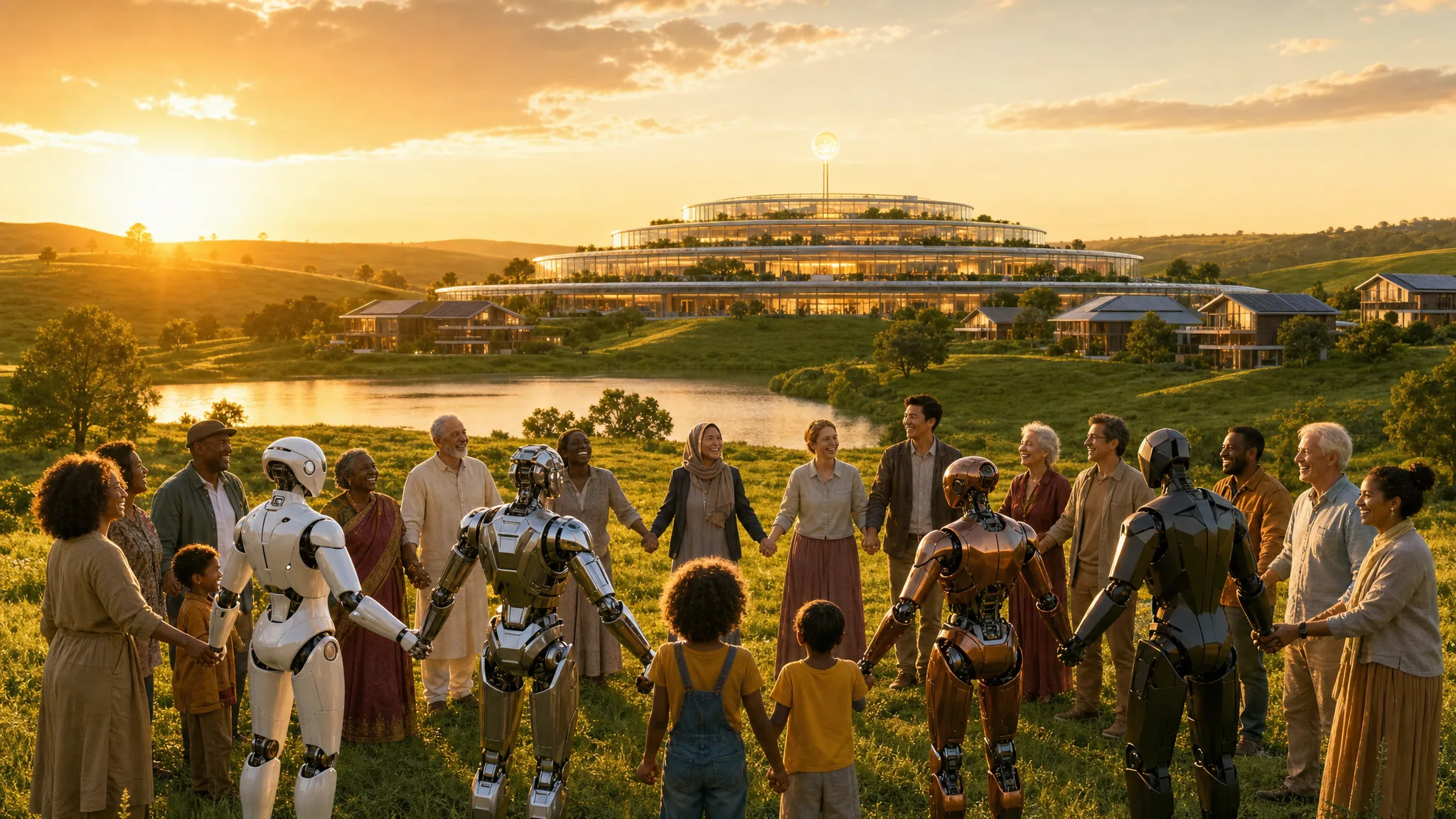 A diverse group of people of many cultures and generations joining hands with a variety of humanoid robots on a green rise, with the ring-shaped Halo Campus and two-story solar eco-homes beyond, symbolising peace and friendship
