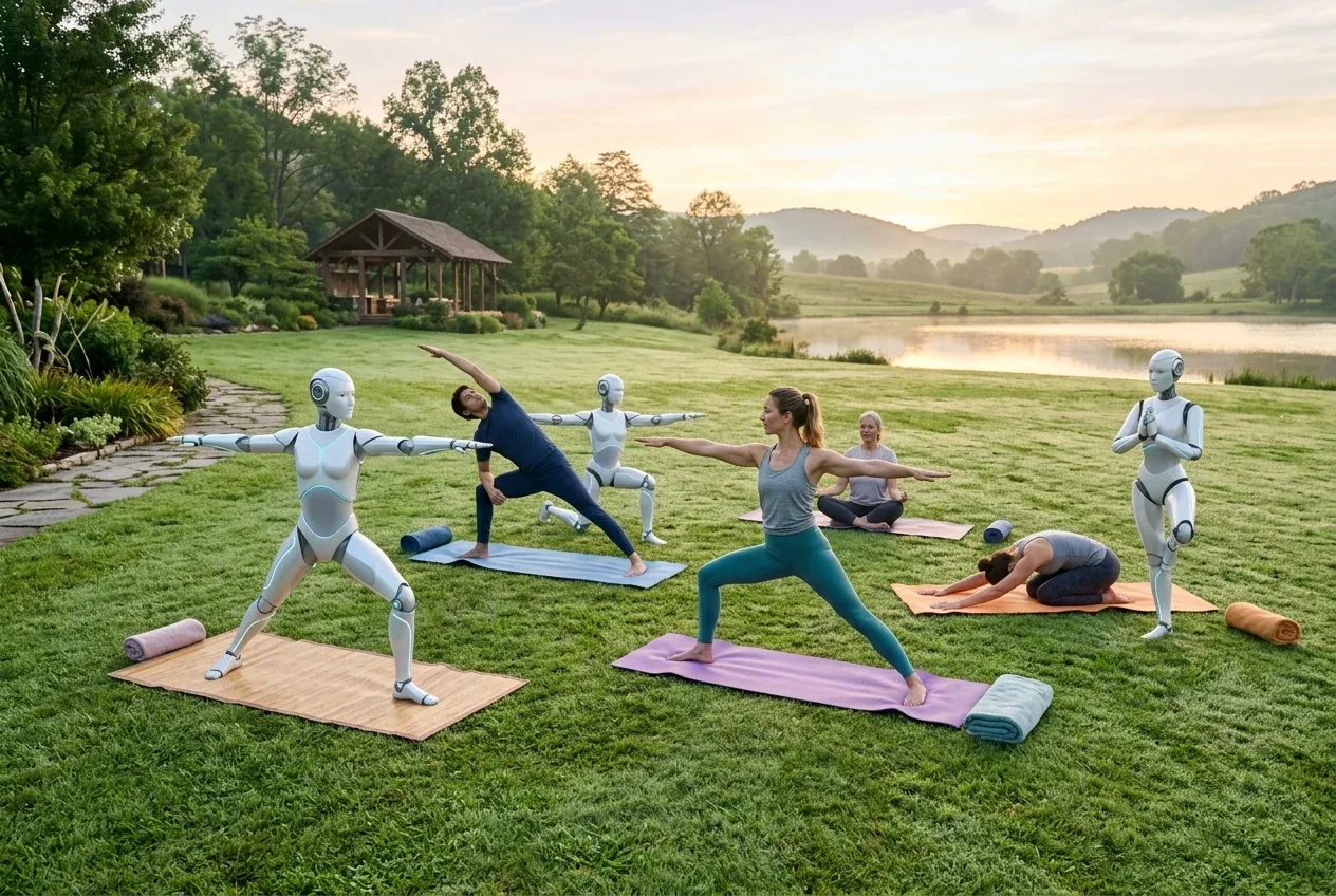 Diverse people and humanoids practising yoga together on an open lawn at sunrise with gentle green hills behind