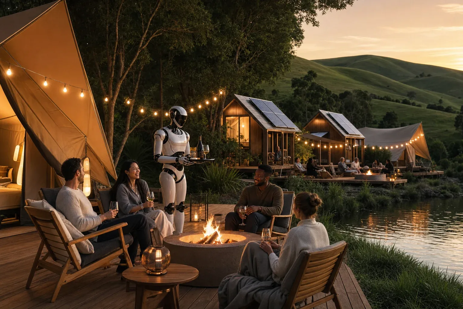 A premium lakeside glamping retreat with canvas tents and solar timber eco-cabins, fire pits and string lights, diverse guests relaxing and a humanoid host beside a modest lake among gentle green hills at dusk