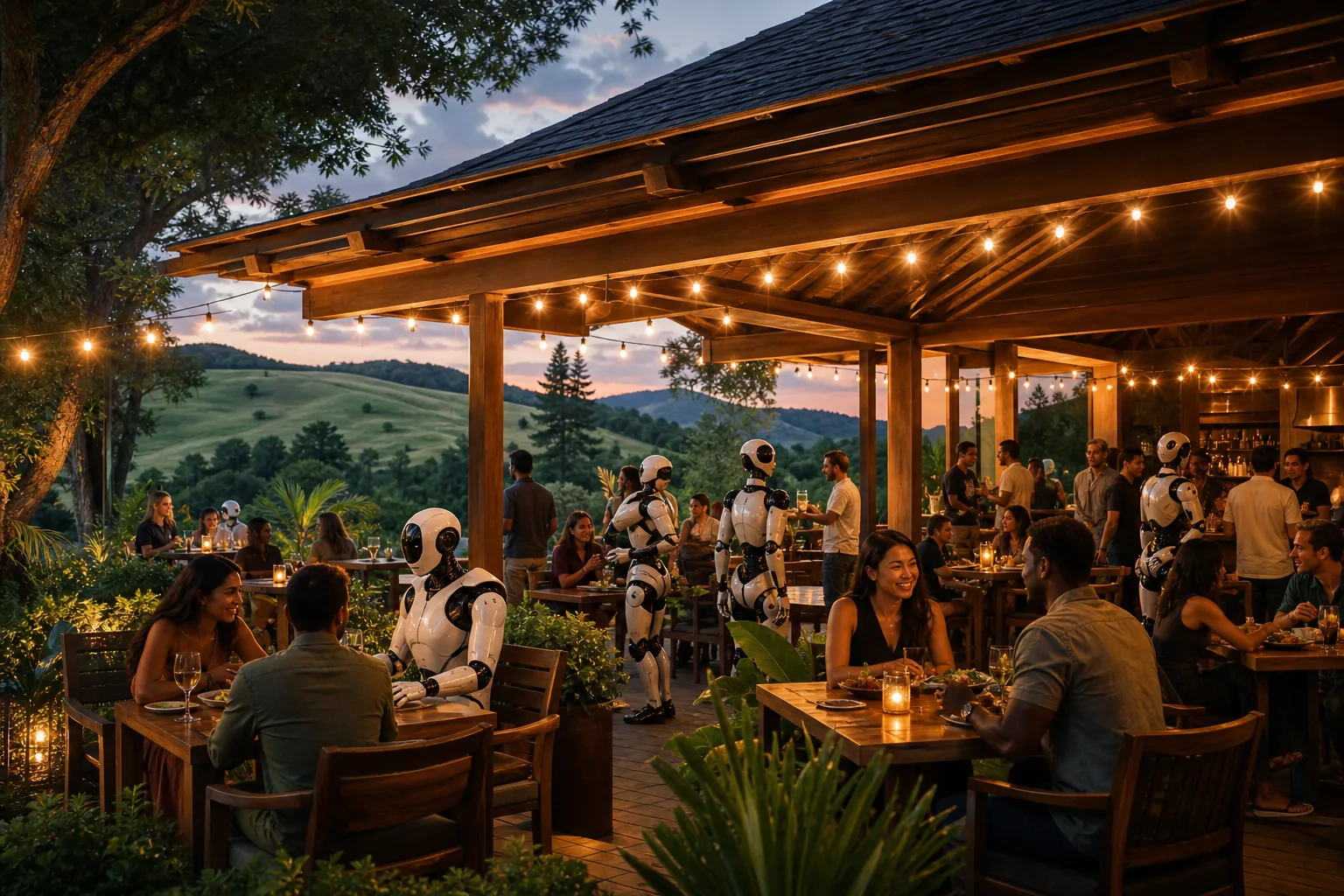 A warm low-rise open-air timber tavern pavilion with festoon string lighting where diverse guests and humanoids socialise over food and drinks amid gardens and gentle green hills at dusk