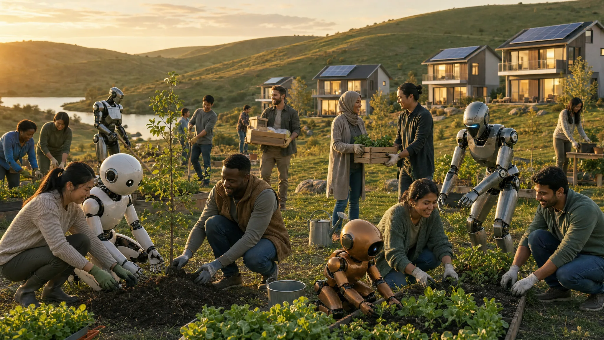 Multicultural volunteers planting trees and tending a community garden alongside a variety of premium humanoid robots on green rolling hills at golden hour