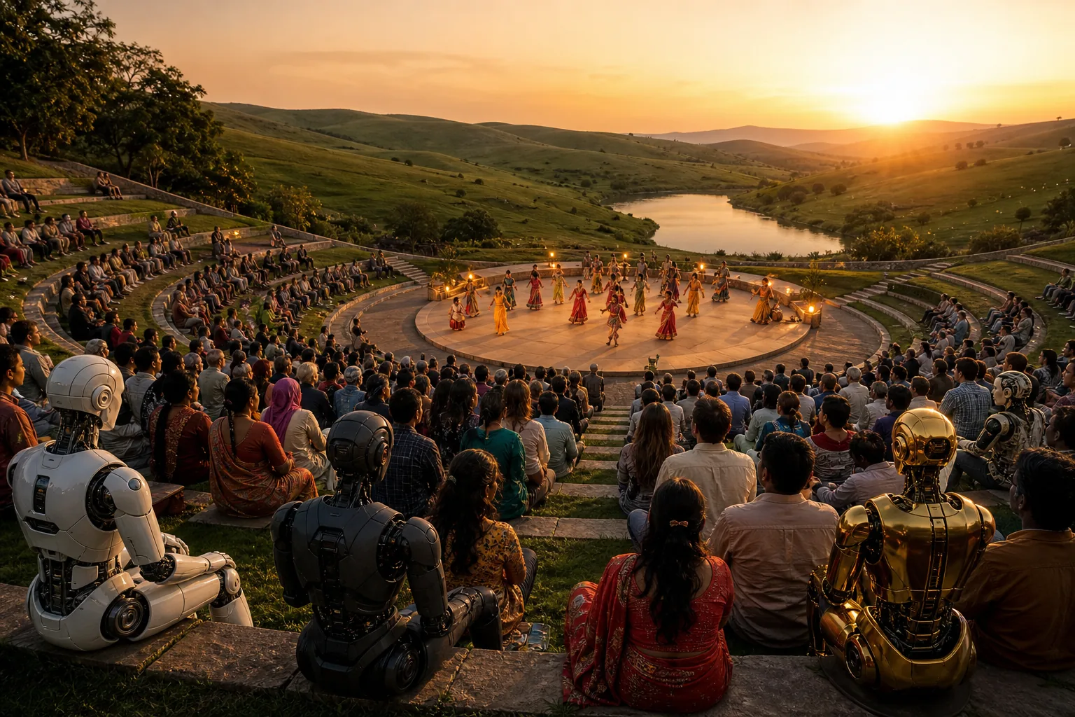 A grand open-air tiered amphitheatre with dancers on stage before a multicultural audience and humanoids at dusk with gentle green hills behind