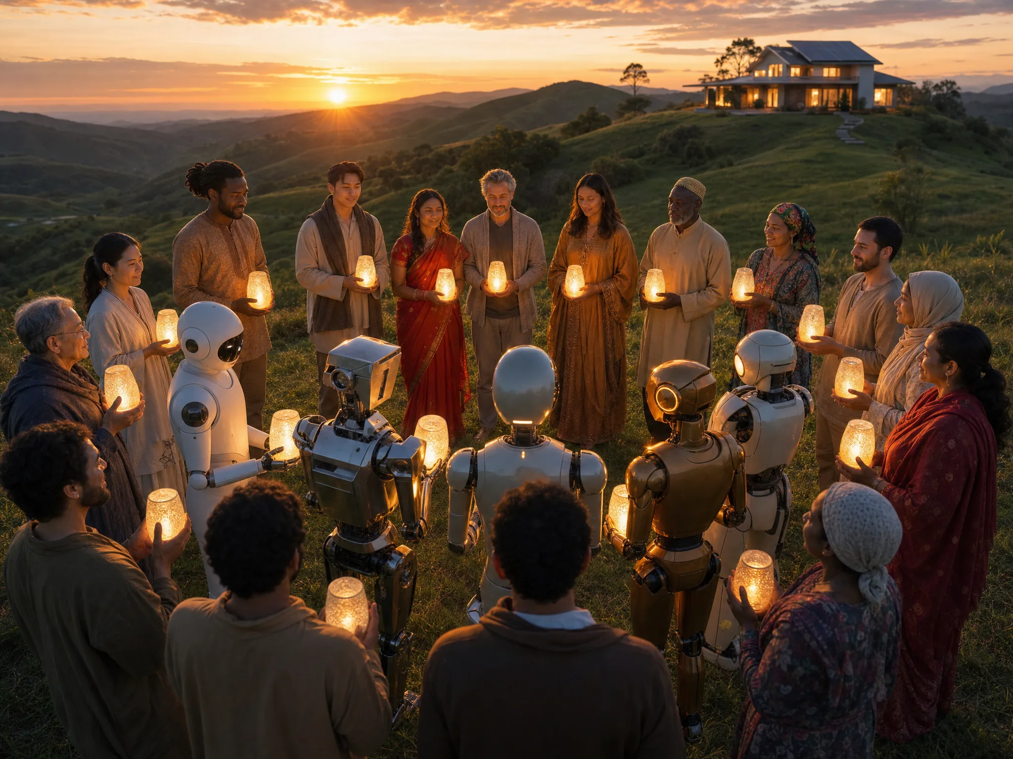 An evening lantern ceremony with a multicultural community and a variety of premium humanoid robots standing in a circle on a green hilltop at dusk