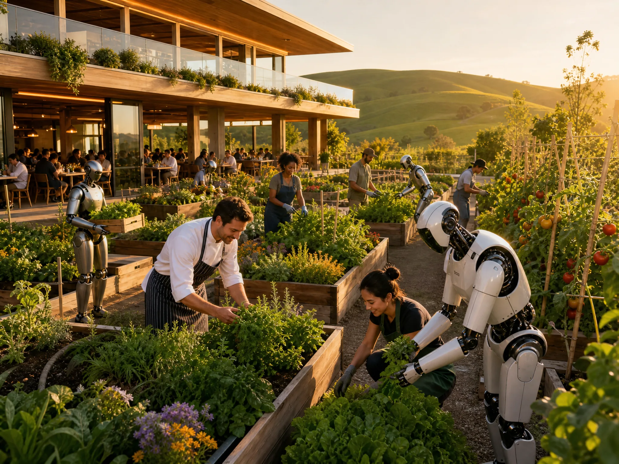 A raised-bed vegetable and herb garden beside the restaurant, with a chef harvesting herbs while humanoids and human gardeners tend the beds