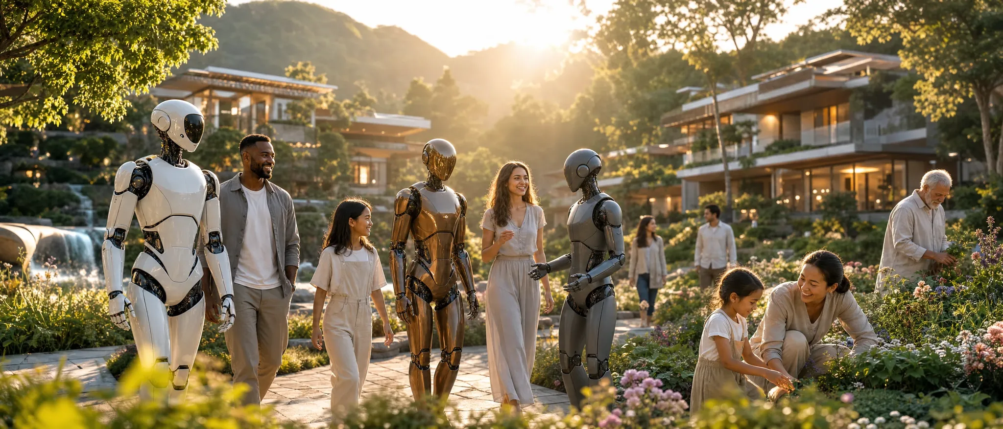 People and a diverse mix of humanoids walking together through lush golden-hour gardens beside double-story eco-homes, showing advanced technology and untouched nature in harmony
