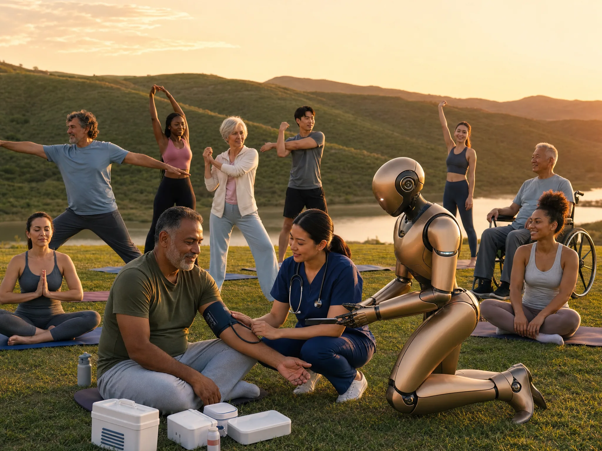 A multicultural outdoor wellbeing session on a green lawn with a premium humanoid robot assisting a nurse, gentle green hills and a modest lake behind at golden hour