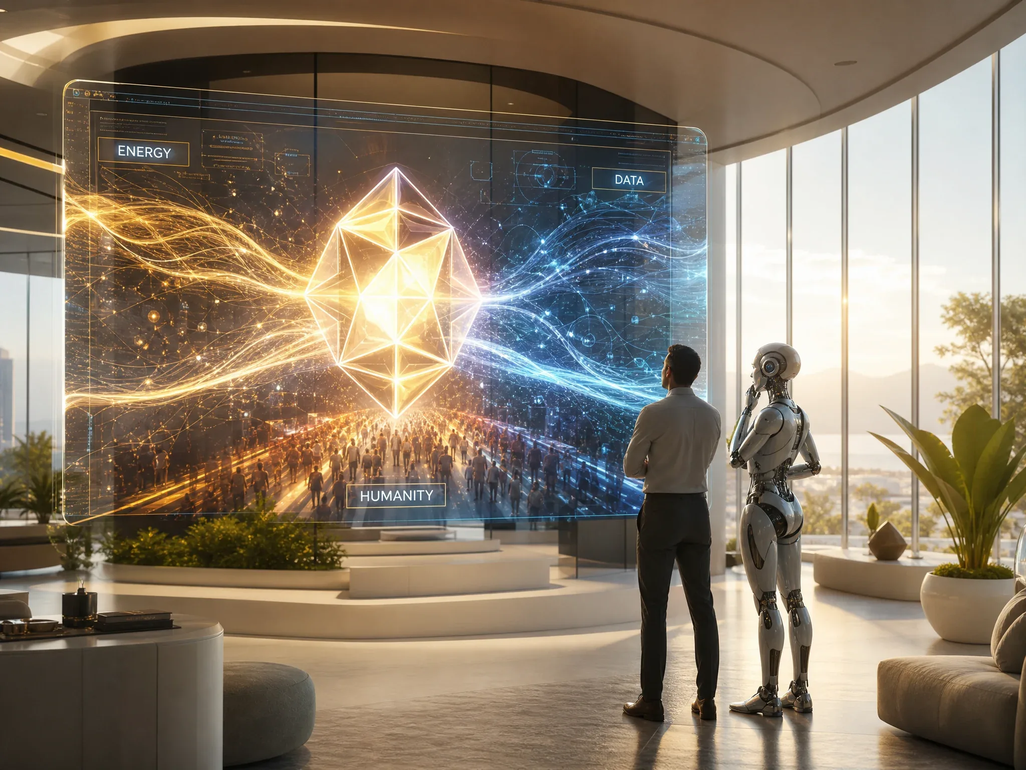 A person and a humanoid robot viewing a holographic display of energy, data and human activity converging into a single emblem of value