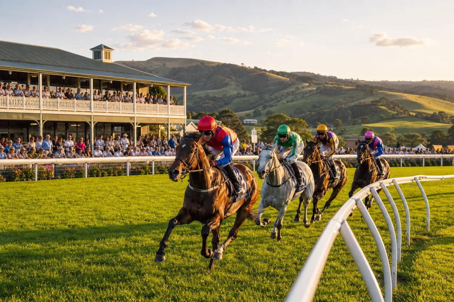 Racehorses and jockeys galloping around a grass race track with a low grandstand and gentle green hills behind