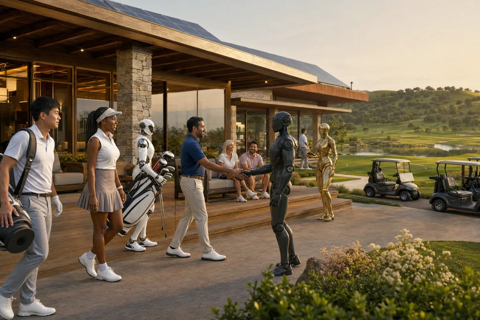 A multicultural group of golfers with humanoid caddies at a timber-and-stone solar clubhouse with green fairways and a modest lake at golden hour