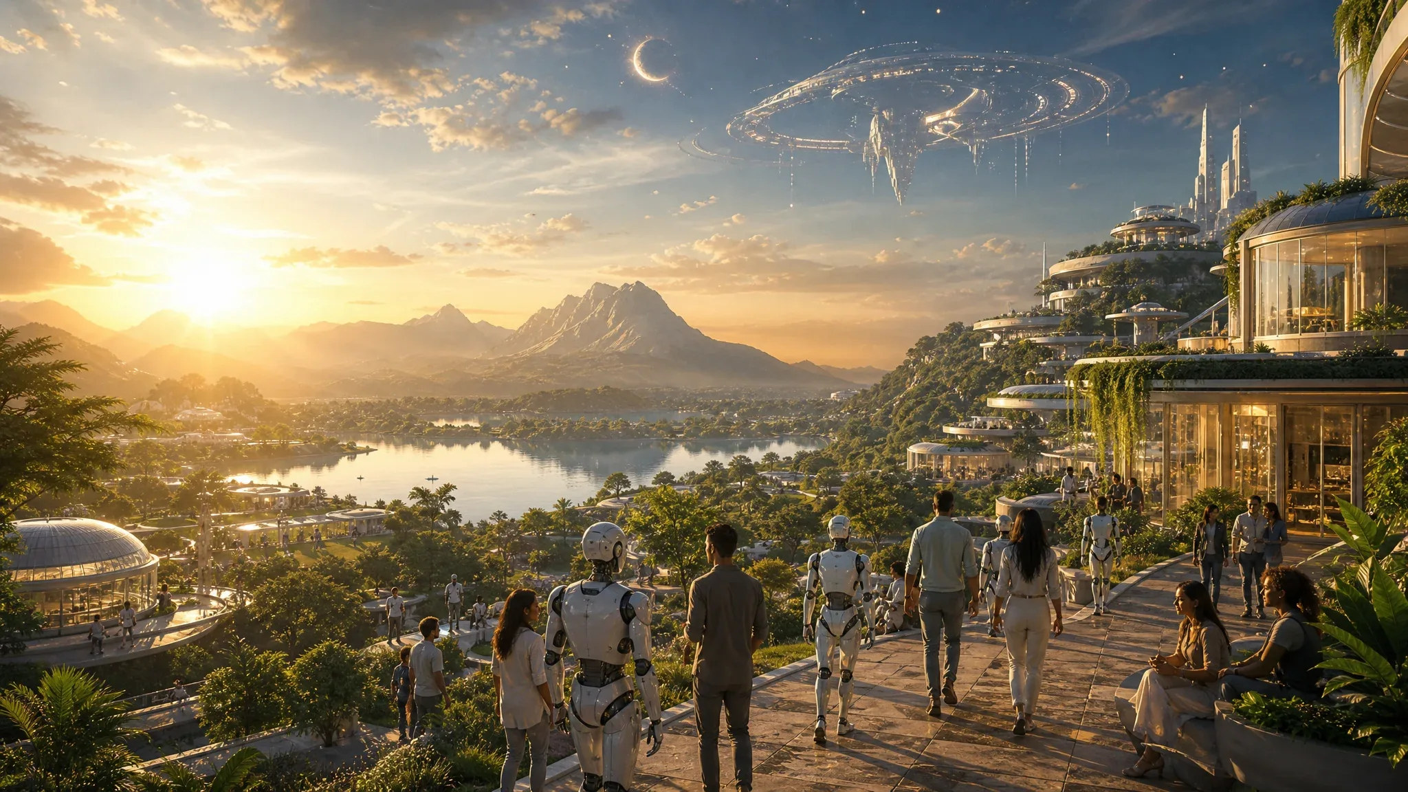 A green eco-resort on Earth at golden hour with humans and humanoids together, and a glowing moon and orbital frontier in the sky above