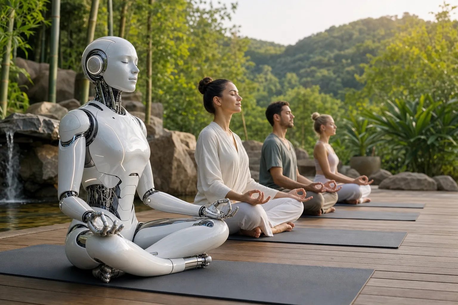 Humanoid robot meditating with humans at a serene outdoor wellness garden