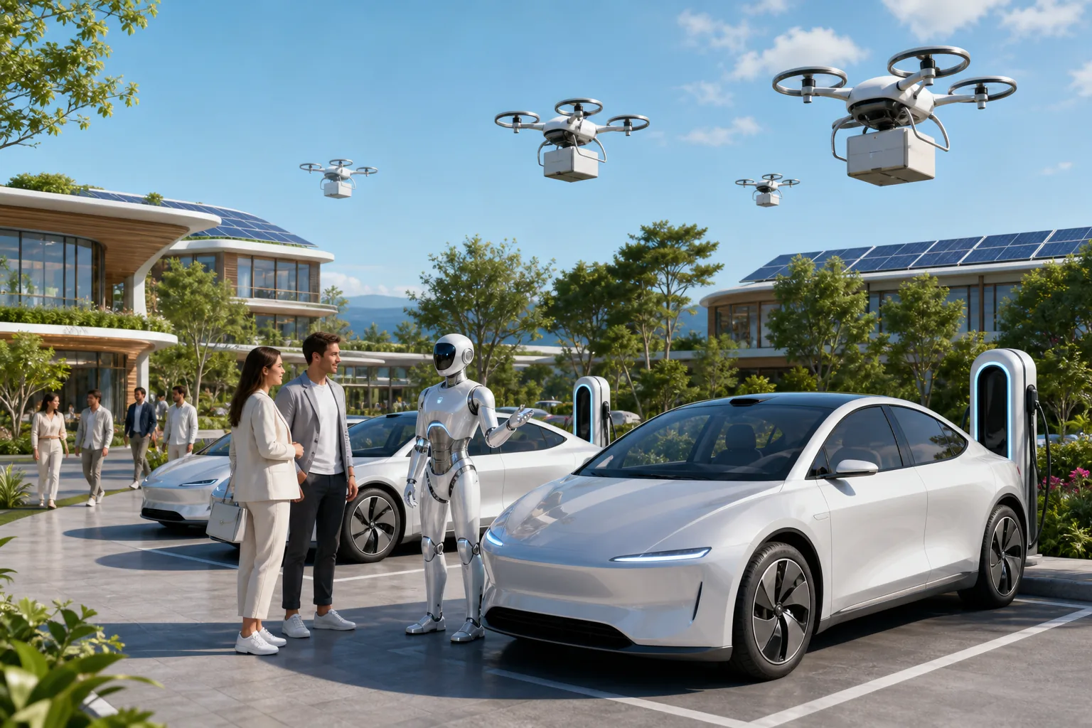 Autonomous electric cars and drones with a humanoid robot and humans at a green plaza