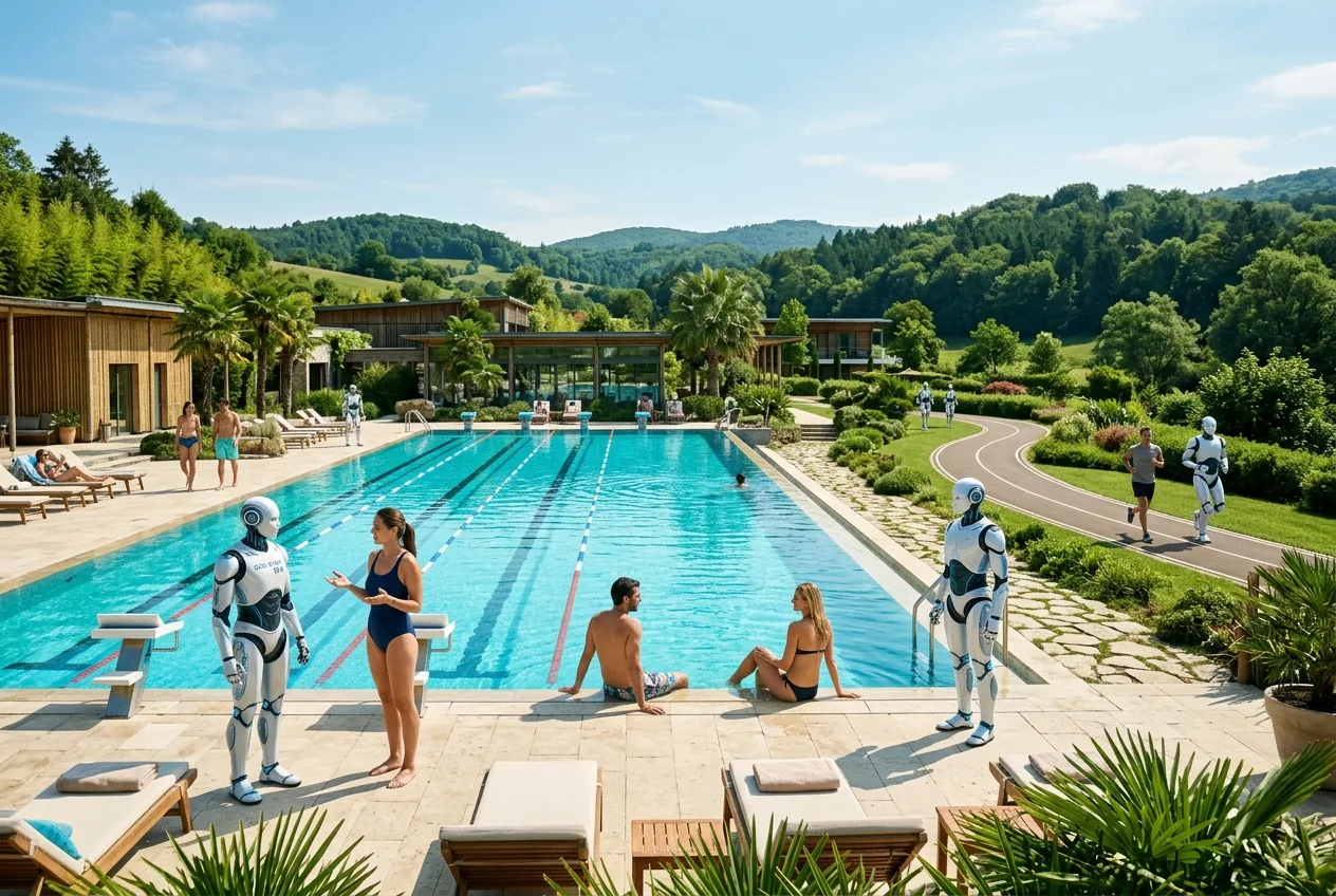 Humanoid robots and human athletes at an Olympic pool and running track