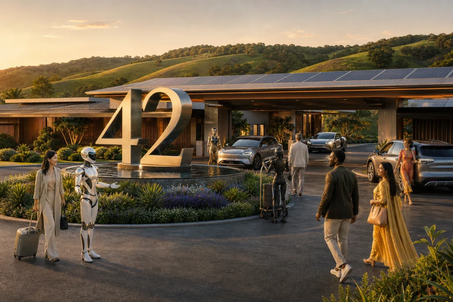 A grand resort arrival gateway with a sculptural polished metal 42 monument rising from a reflecting fountain, a multicultural group of arriving guests welcomed by several distinctly different premium humanoid concierges, autonomous electric vehicles under a solar porte-cochere and gentle green hills at golden hour