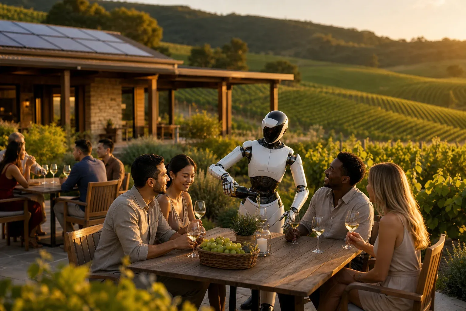 Rolling green vineyard rows on gentle hills with a low stone-and-timber cellar door, diverse guests tasting wine at outdoor tables and a premium humanoid serving at golden hour