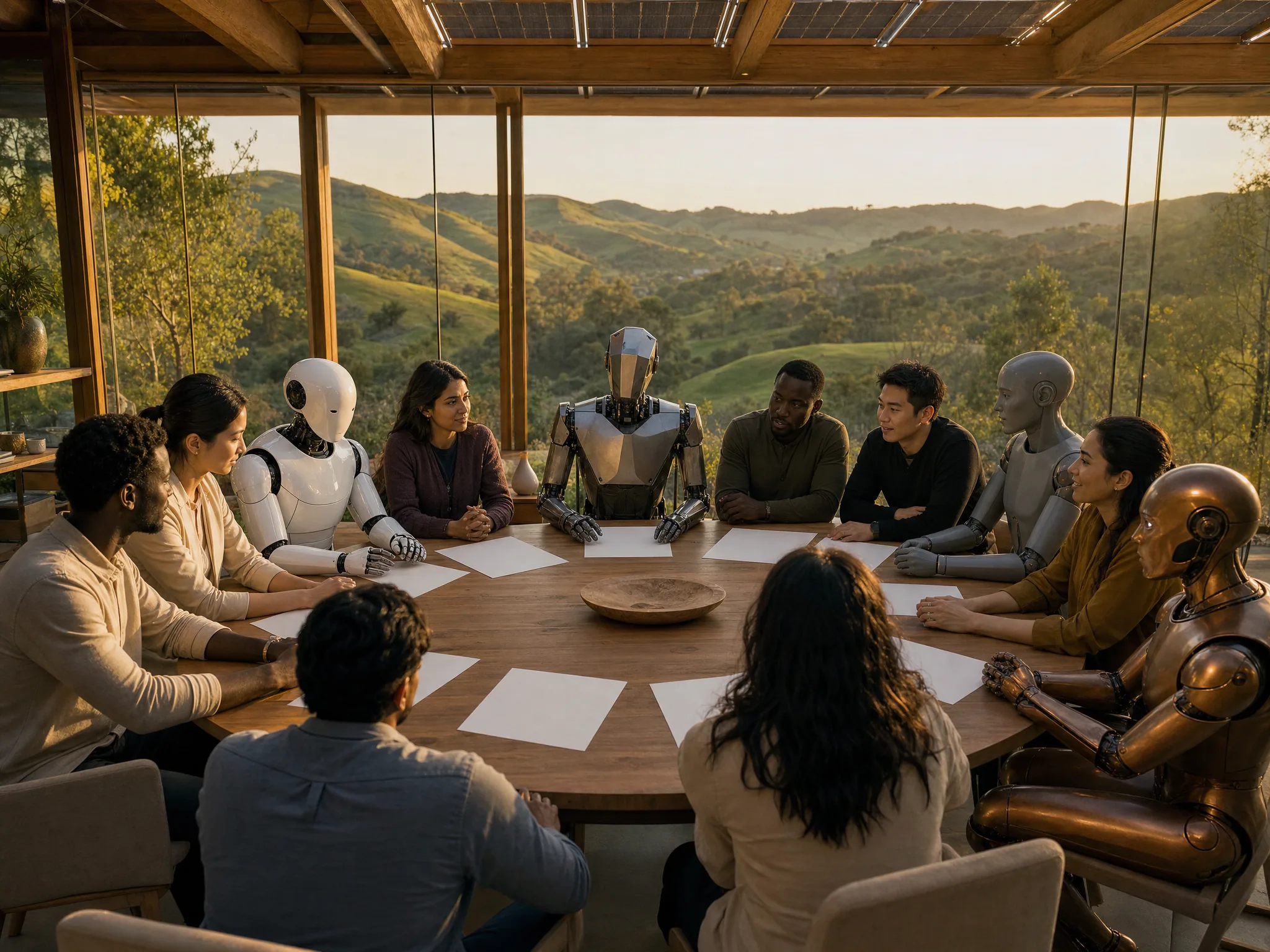 A diverse circle of founders co-authoring a founding document around a natural timber table in a solar pavilion, joined by varied humanoid robots, green hills through the glass at golden hour
