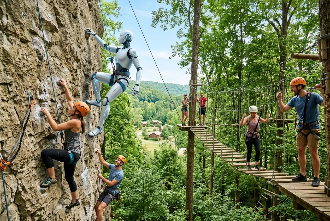 Humanoid robot and humans on a rock wall and high-ropes adventure course