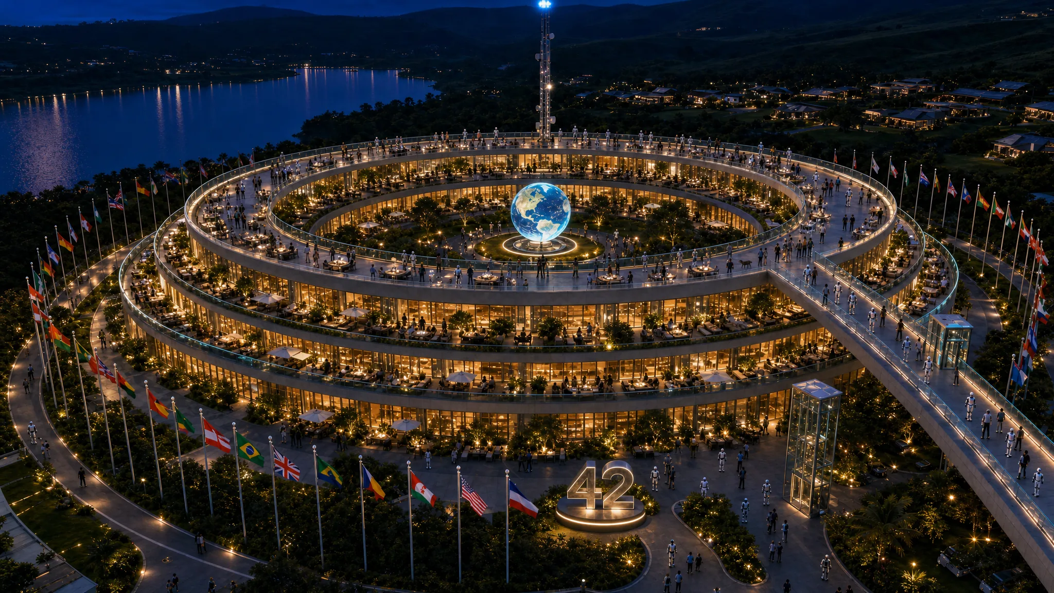 The eco-resort headquarters at night: the unbroken circular ring of three tapered terraced levels glowing with warm interior light, outdoor dining and lounges alive with people and humanoids, a small illuminated globe of the Earth glowing on its raised plinth at the centre, a bold lit 42 monument at the front arrival forecourt, the walk of nations softly uplit, the glass lift and Q-tail ramp illuminated, a beacon burning atop the slender mast, and gentle light reflections across the calm valley lake beneath a deep blue night sky