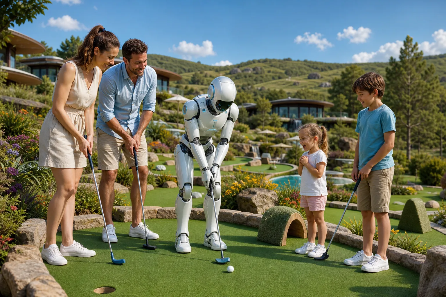 Humanoid robot playing mini-golf with a happy human family