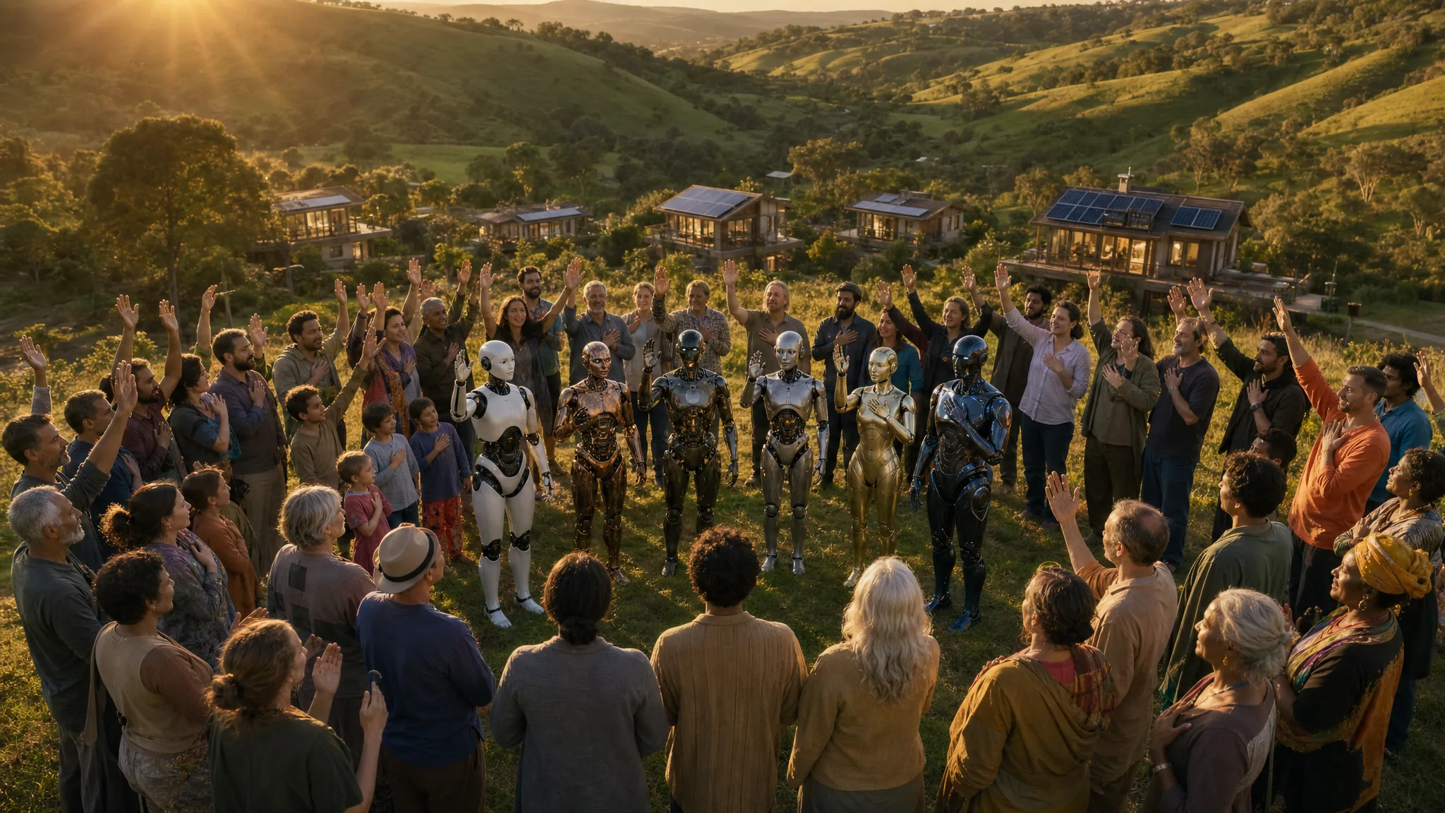 A large multicultural community standing together in a great circle on a green hilltop with several distinctly different premium humanoid robots, hands raised in a shared vow at golden hour