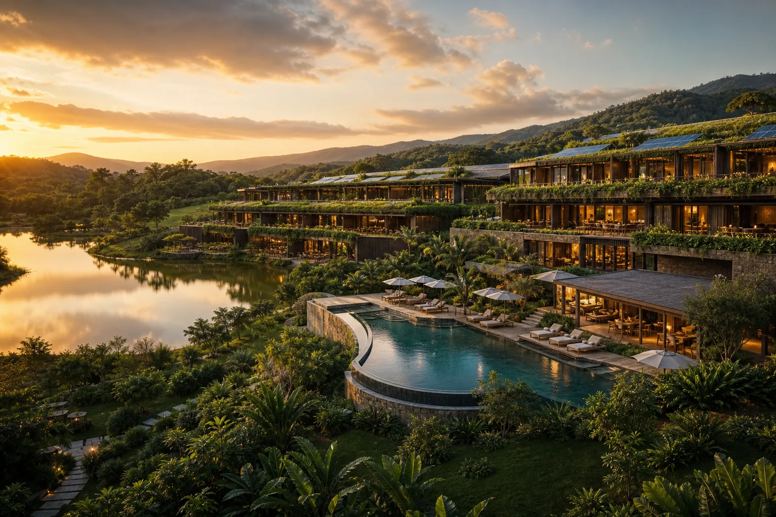 A grand low-rise tiered eco-luxury resort hotel with planted balconies, solar roofs, a pool and a modest lake among gentle green hills at golden hour
