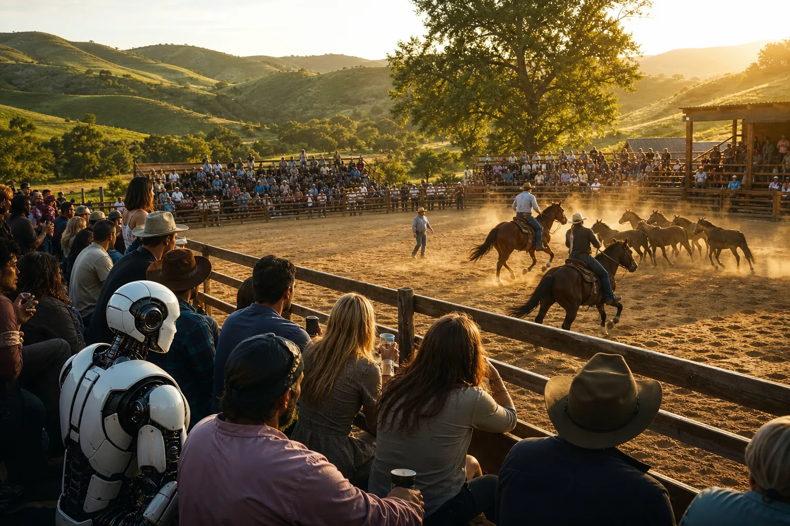 A lively open-air country rodeo arena with a sandy ring, timber rail fencing and modest grandstand, horses and riders, diverse spectators and a humanoid in the crowd, gentle green hills around
