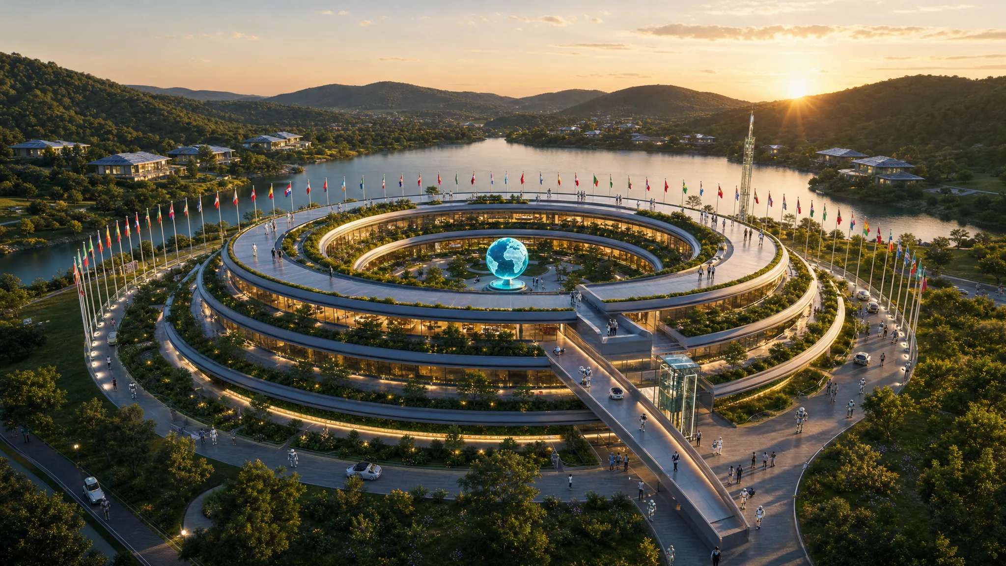 Sweeping golden-hour aerial of the entire eco-resort precinct: the unbroken circular ring headquarters with its three tapered terraced levels, a small glowing globe at its centre, a walk of nations circling the perimeter, beside a calm valley lake among gentle low hills with distant eco-homes