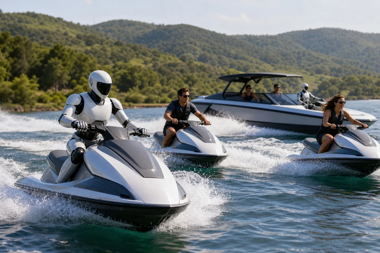 Humans and a humanoid enjoying electric water sports and boating on a calm resort lake at midday
