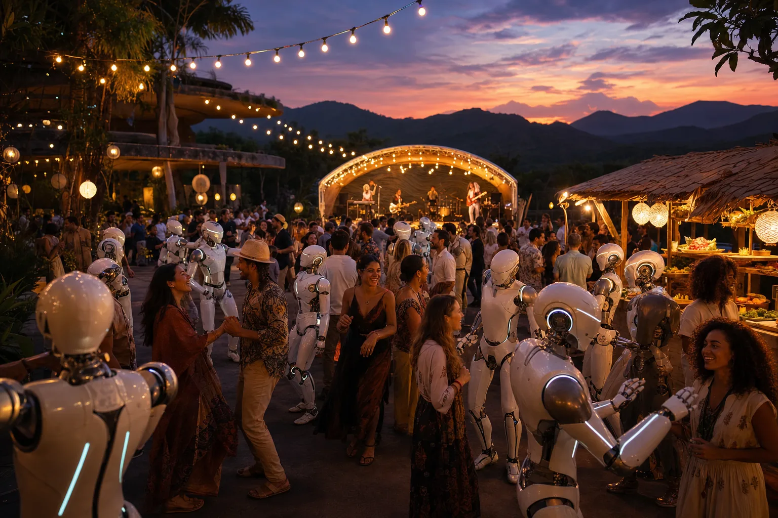 Humanoid robots celebrating among a human crowd at an evening festival