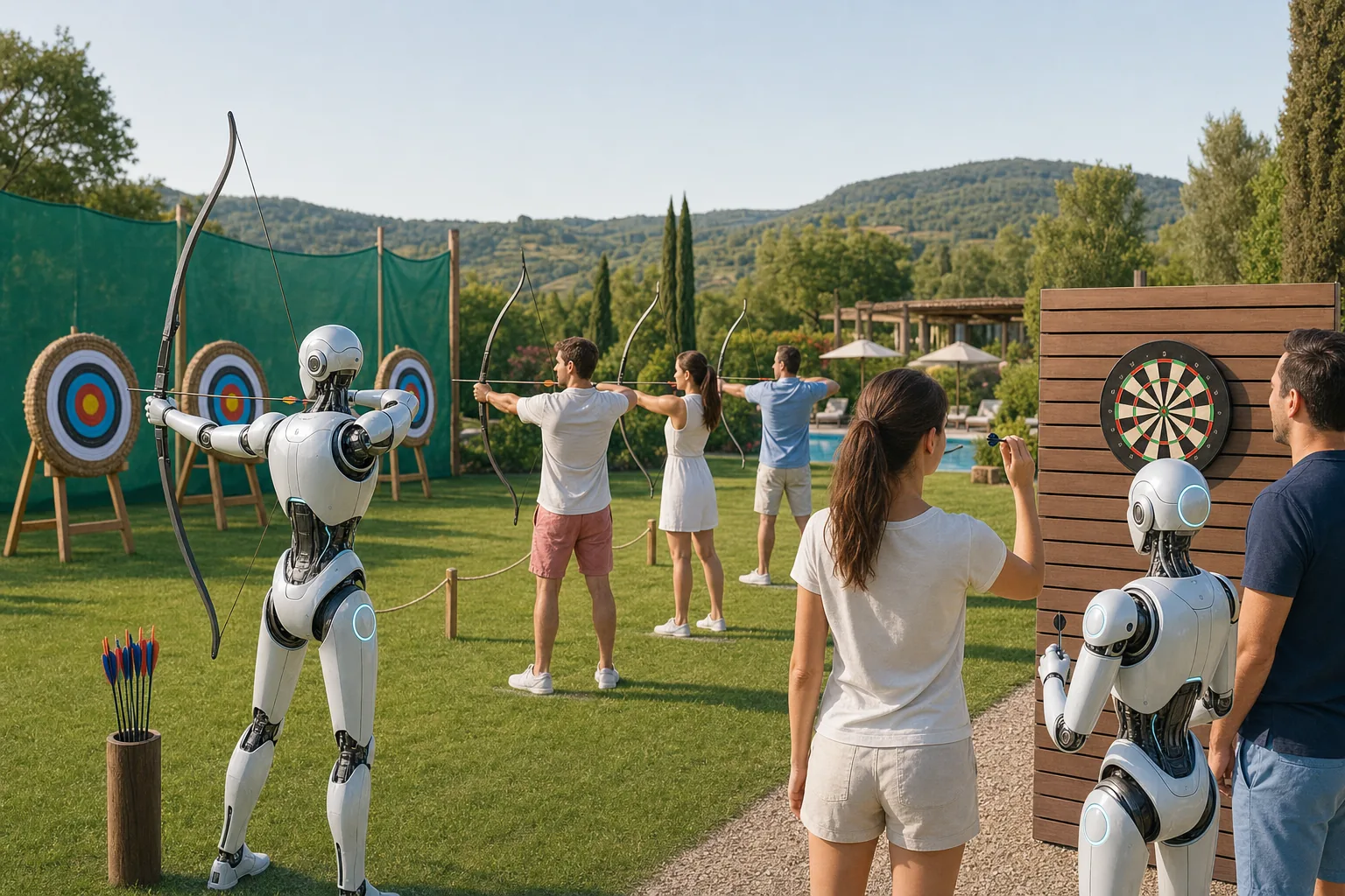 Humanoid robot drawing a bow at an archery range with humans, darts nearby