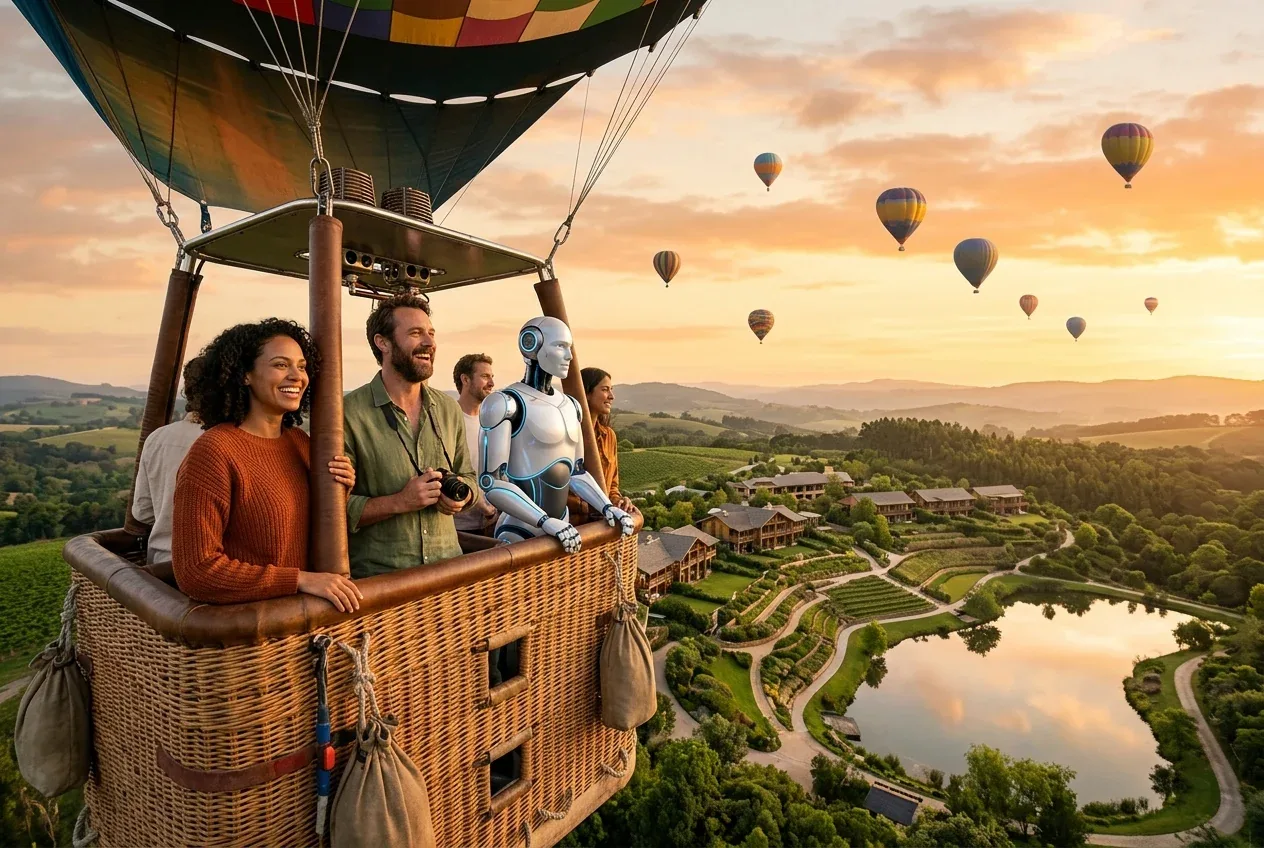Humanoid robot and humans riding a hot air balloon over the resort at golden hour