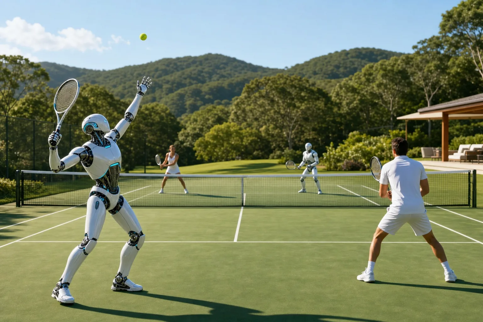 Humanoid robots and humans playing doubles tennis together