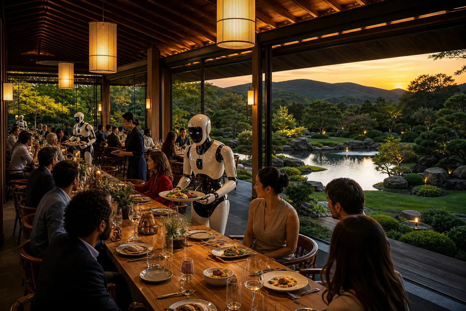 A large elegant open-air glass-walled restaurant pavilion with warm lighting, humans and humanoids serving diners, garden surrounds and gentle green hills