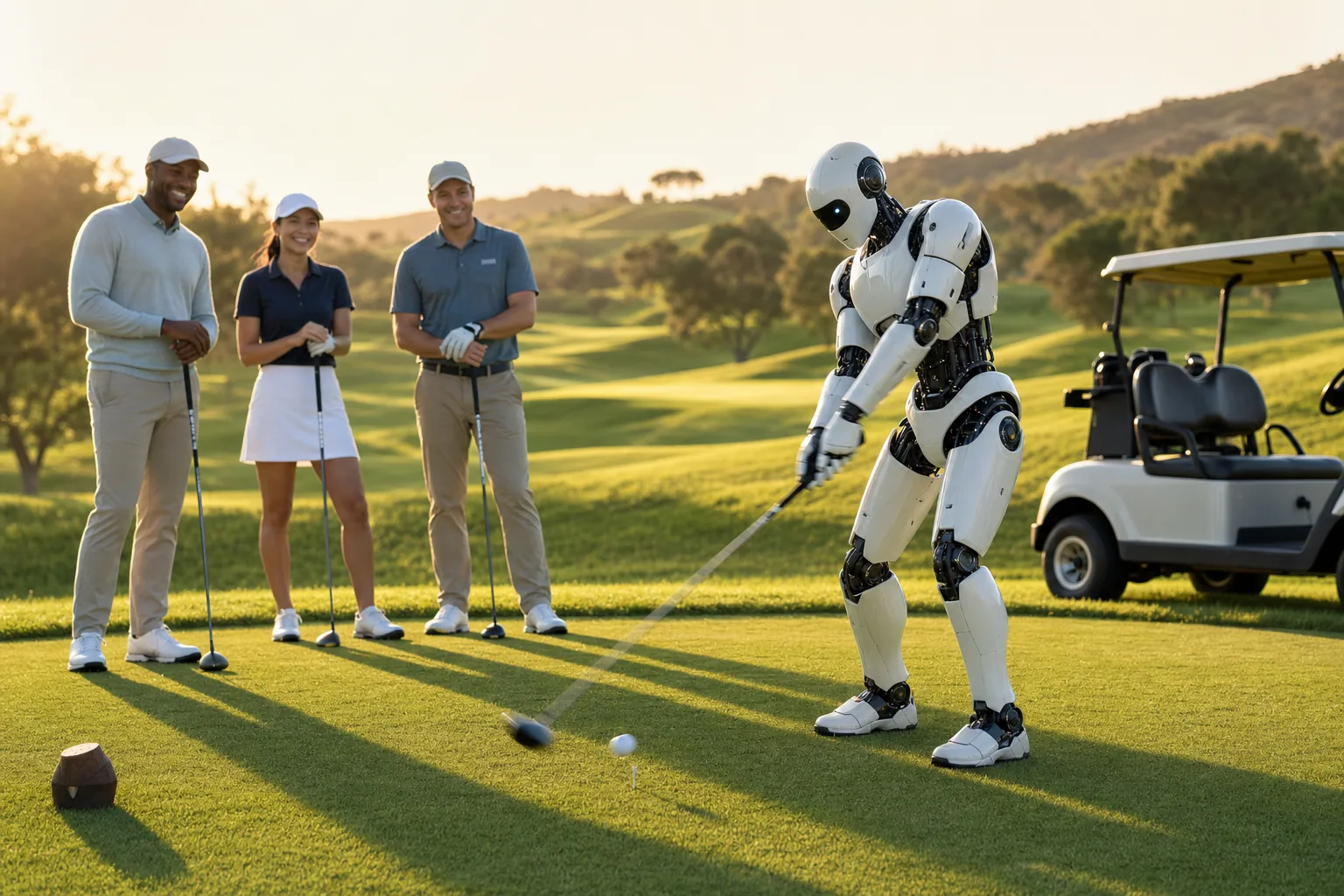 A humanoid robot teeing off with human golfers on the championship course