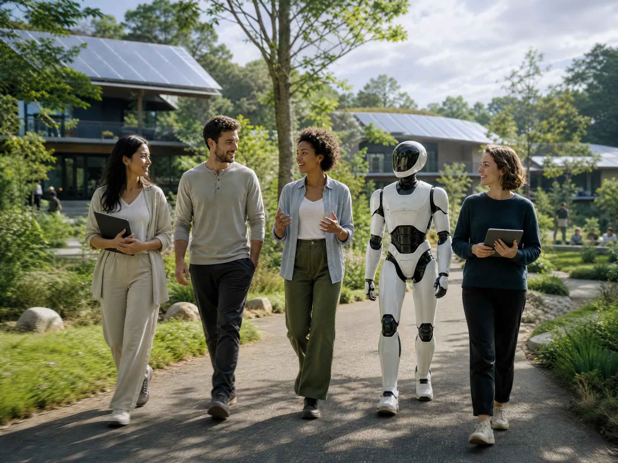 Young entrepreneurs walking with a humanoid robot along a tree-lined path in the eco-resort