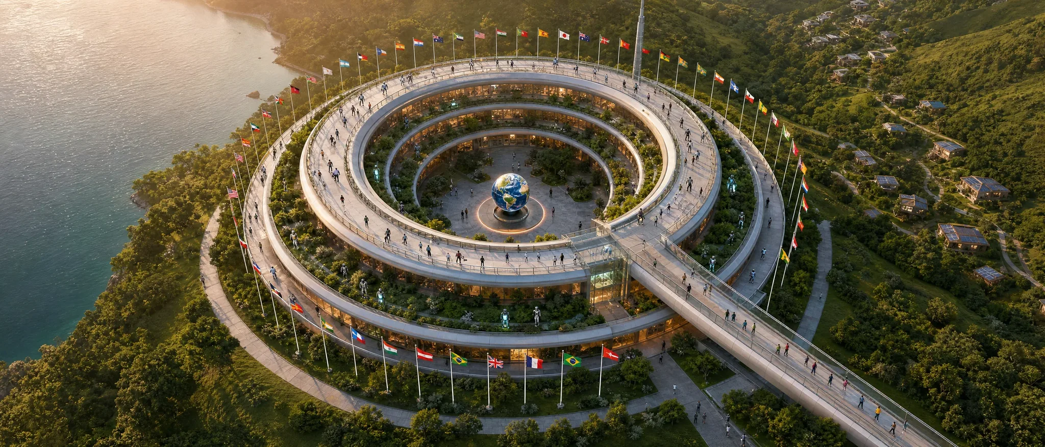 Near-overhead aerial of the circular ring headquarters reading unmistakably as a giant Q: a perfect unbroken ring of three clearly tapered terraced levels stepping back into a cascade of planted sun-balconies where people and humanoids relax, a small glowing globe of the Earth on a lit plinth at the centre of the courtyard, a ring of national flags encircling the whole campus, and a single broad two-way access ramp with glass safety barriers on the right — the short tail of the Q — merging flush into the lush walkable rooftop promenade with a glass lift serving every level, a slender beacon mast on the far rim, and the lake and gentle low hills behind at golden hour