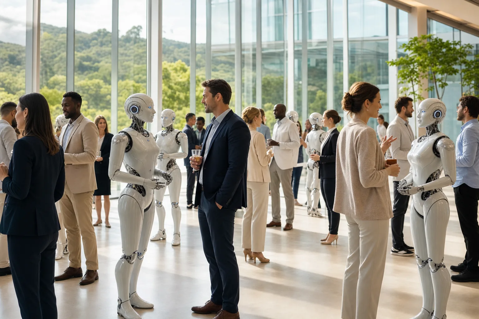 Humanoid robots mingling with human attendees inside a bright glass convention hall