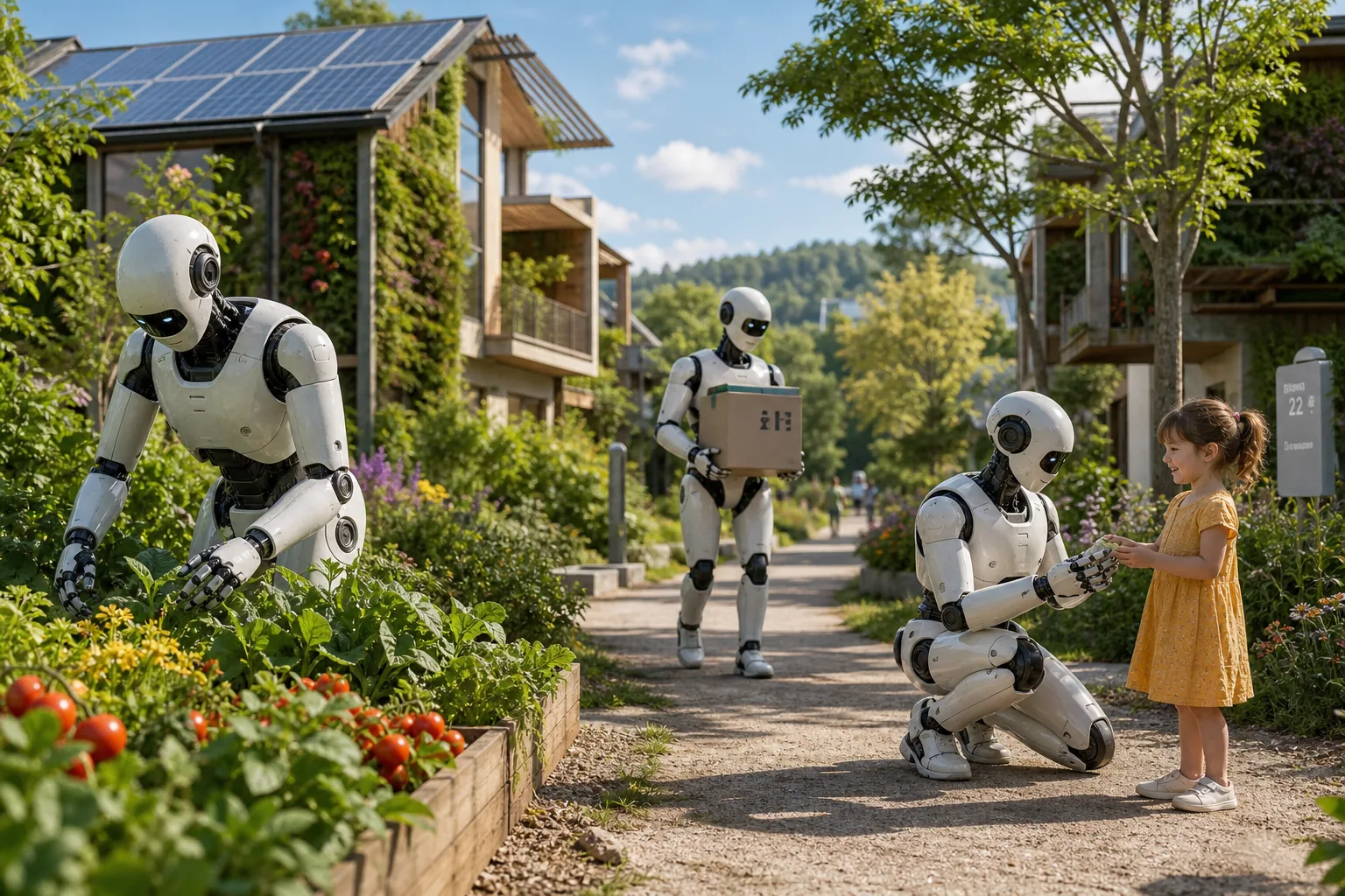 Humanoid robots and residents interacting together in daily community life