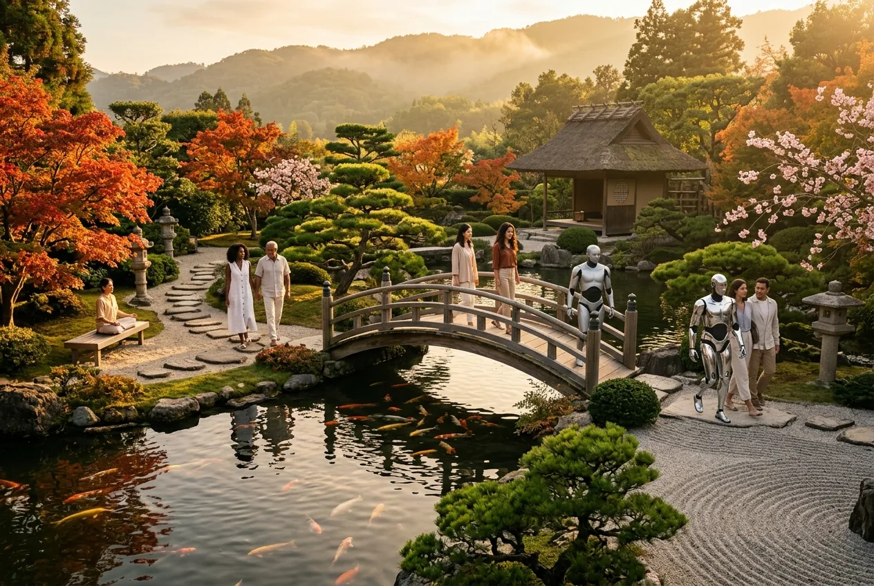 A serene Japanese strolling garden with a koi pond, arched wooden moon bridge, stone lanterns, autumn maples and a tea pavilion, with diverse guests and humanoids among gentle green hills at golden hour