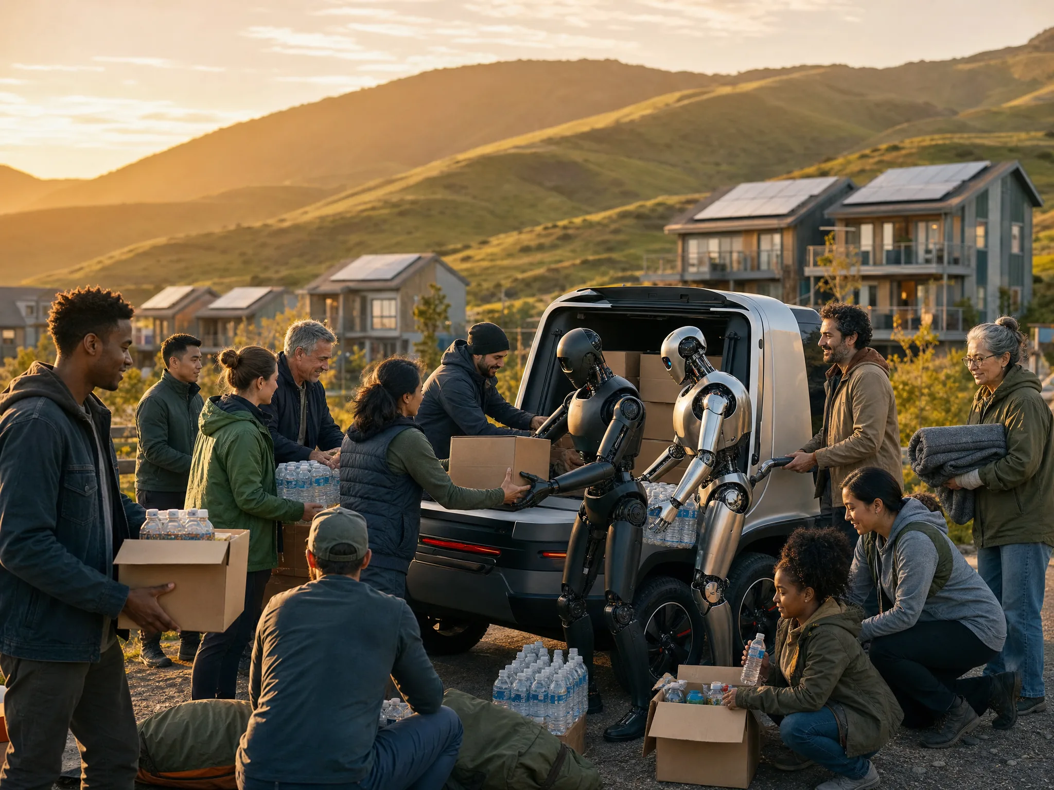 A multicultural community team loading emergency relief supplies onto a small electric vehicle with two distinctly different premium humanoid robots, gentle green hills behind at golden hour