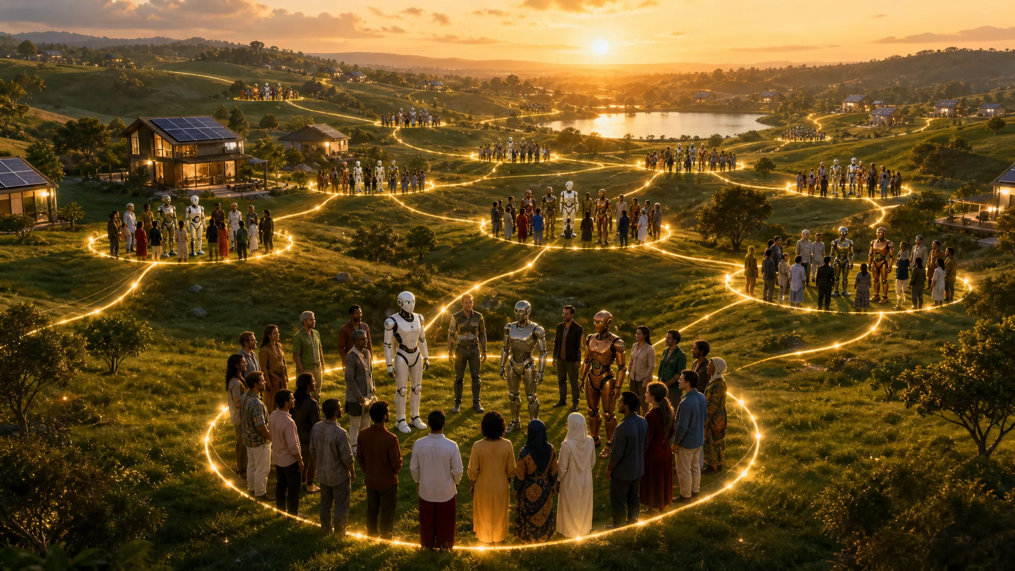 A bottom-up global network of multicultural circles and varied premium humanoid robots gathered across gentle green rolling hills, connected by threads of warm light at golden hour