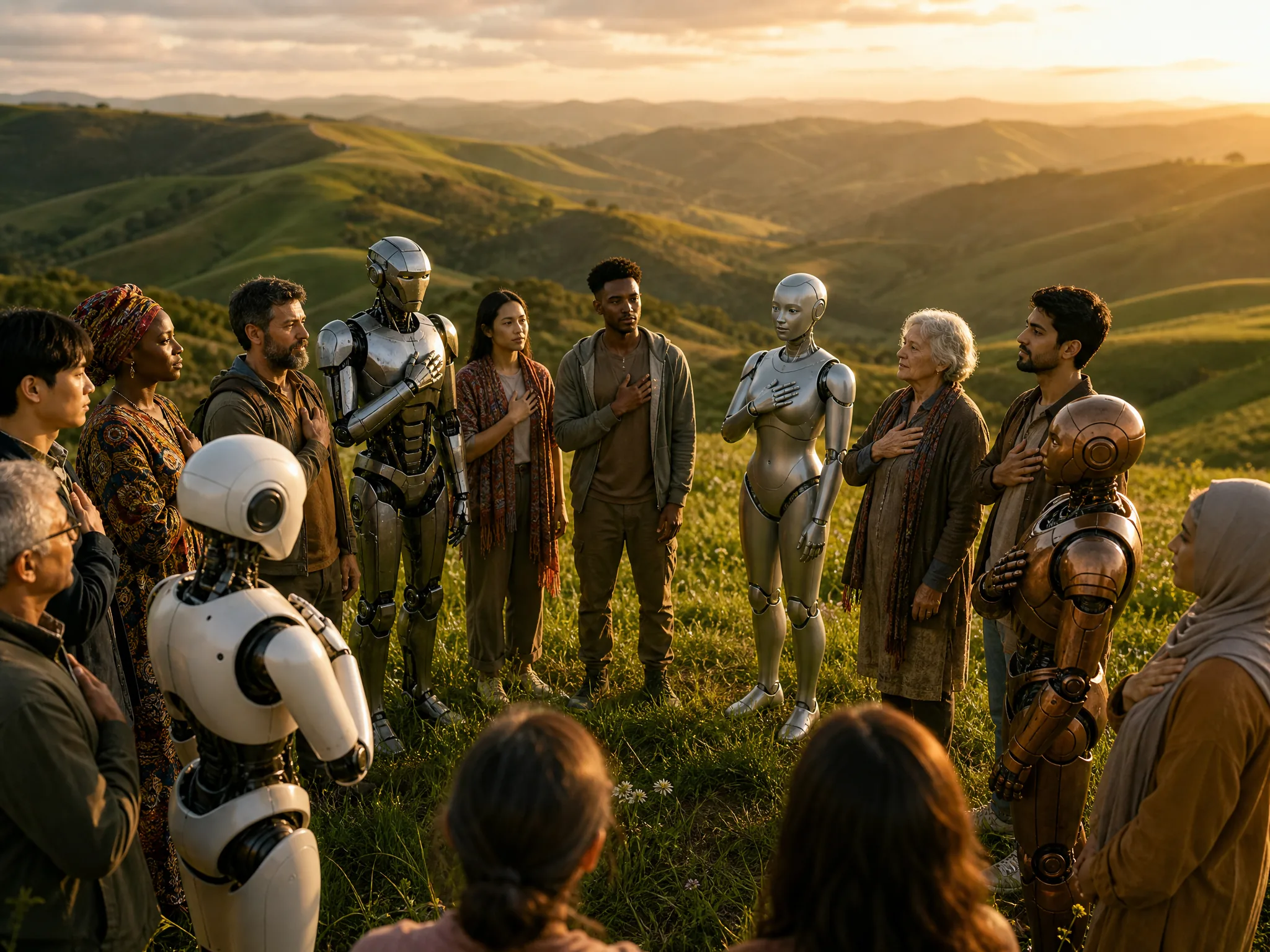 A diverse multicultural circle of people with hands over their hearts making a shared vow, joined by a variety of premium humanoid robots on a green rise at golden hour
