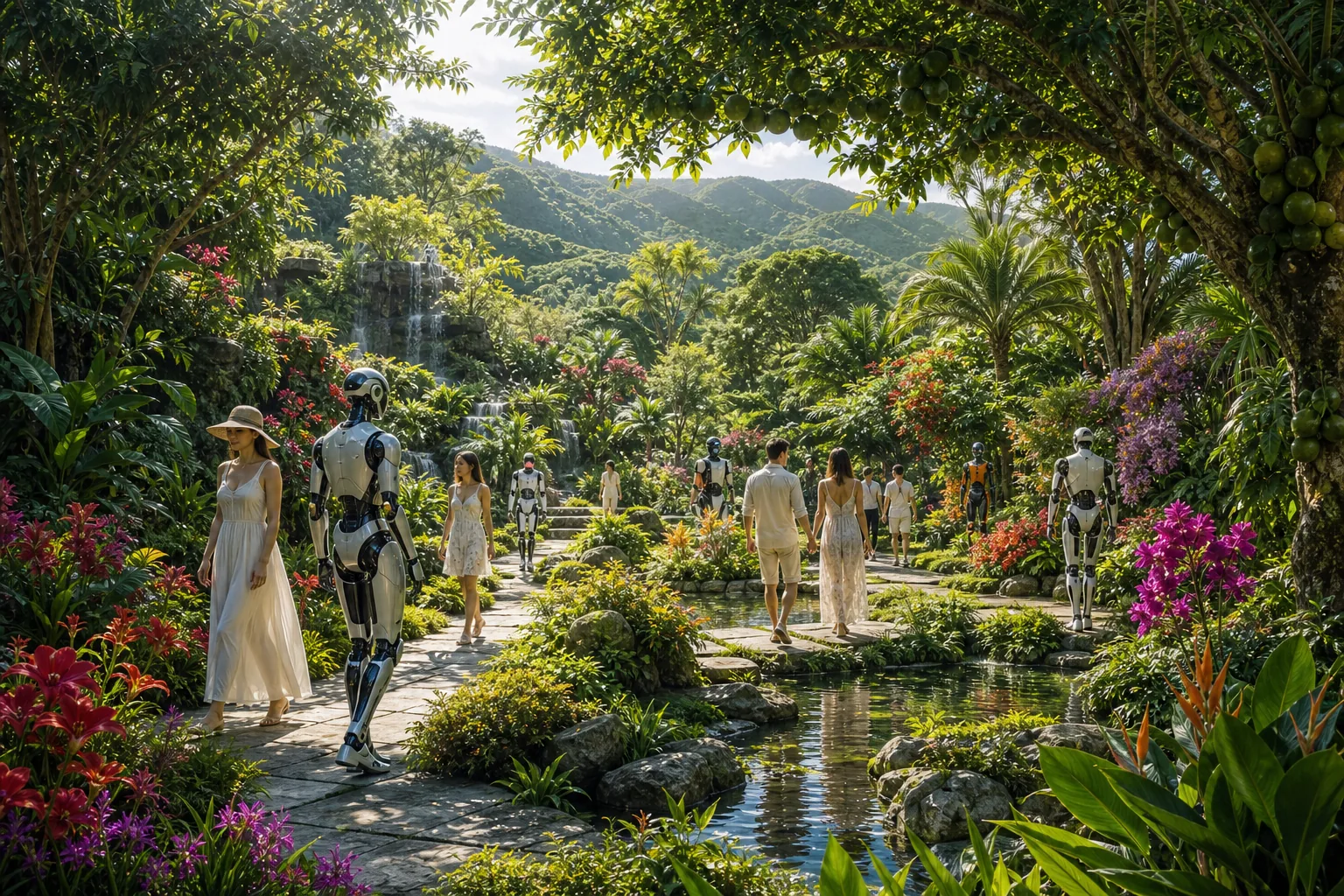 A lush paradise botanical garden with cascading stream, fruit trees and diverse people and humanoids strolling