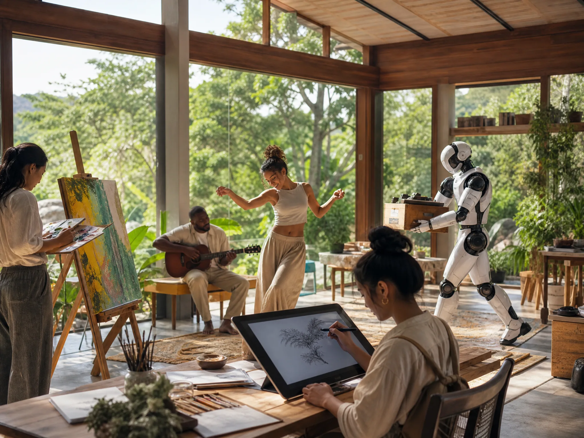 Artists and creators in a bright studio pavilion with a humanoid robot assisting them