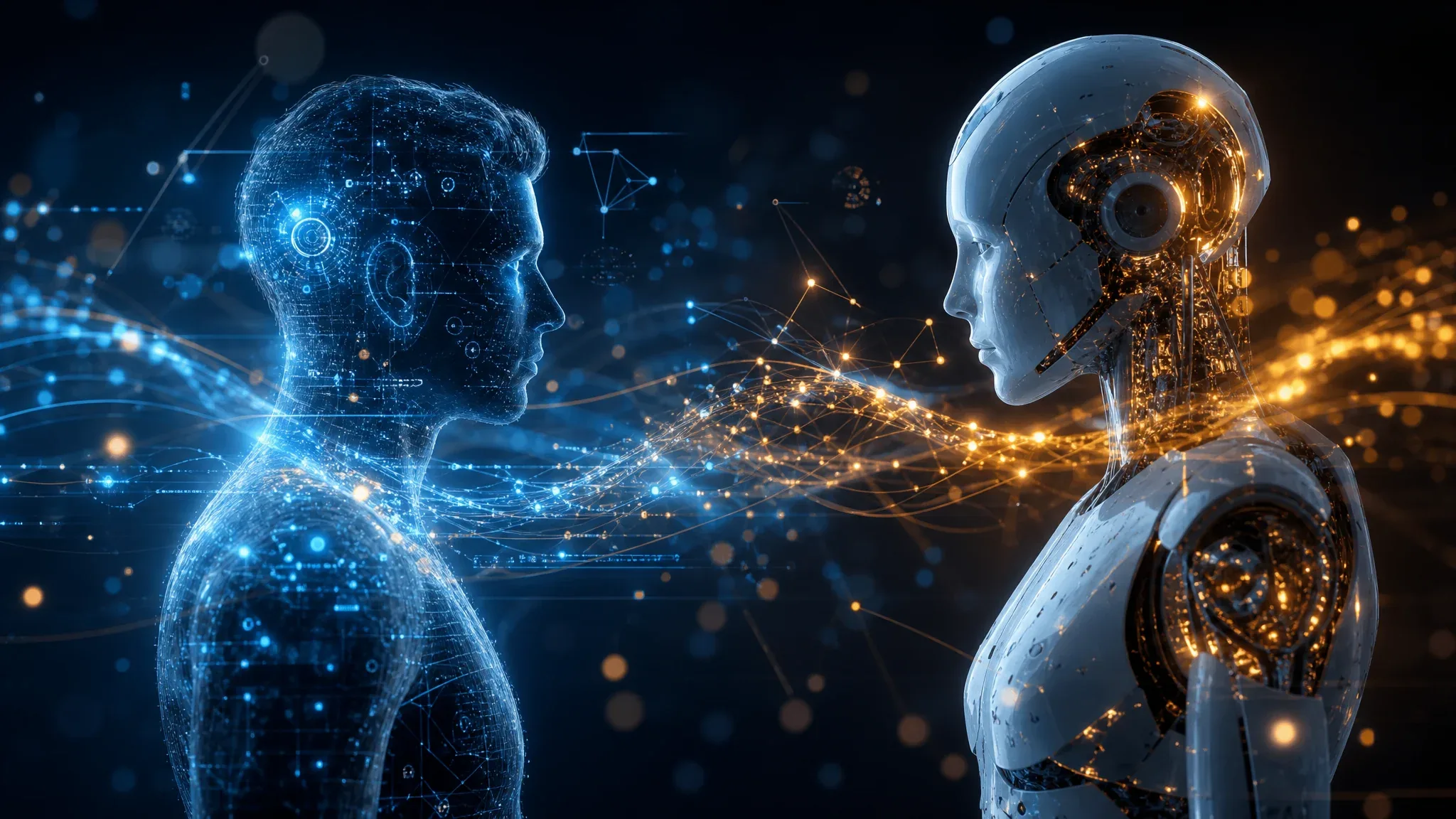 Abstract visualisation of human and humanoid phygital data fusing into a single living dataset