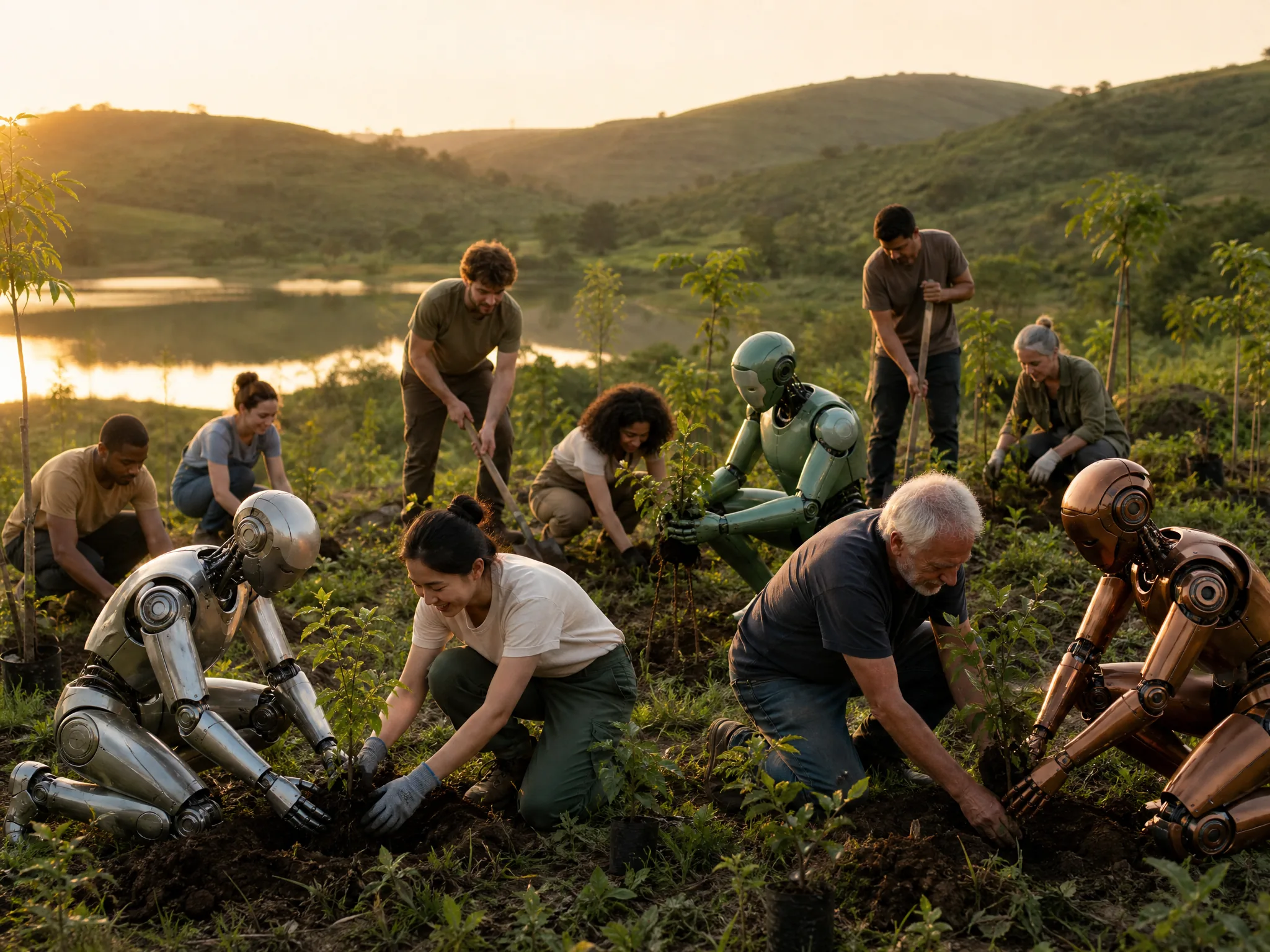 A multicultural group of volunteers and several distinctly different premium humanoid robots planting trees beside a modest lake with gentle green hills at golden hour